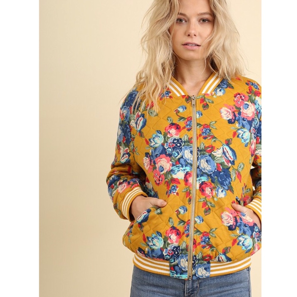 Last One! Mustard Floral Bomber Jacket - Picture 5 of 8